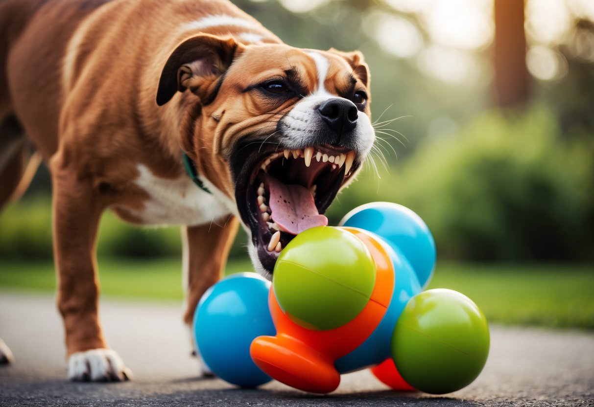 A snarling dog with bared teeth clamps down on a toy or object, refusing to release it