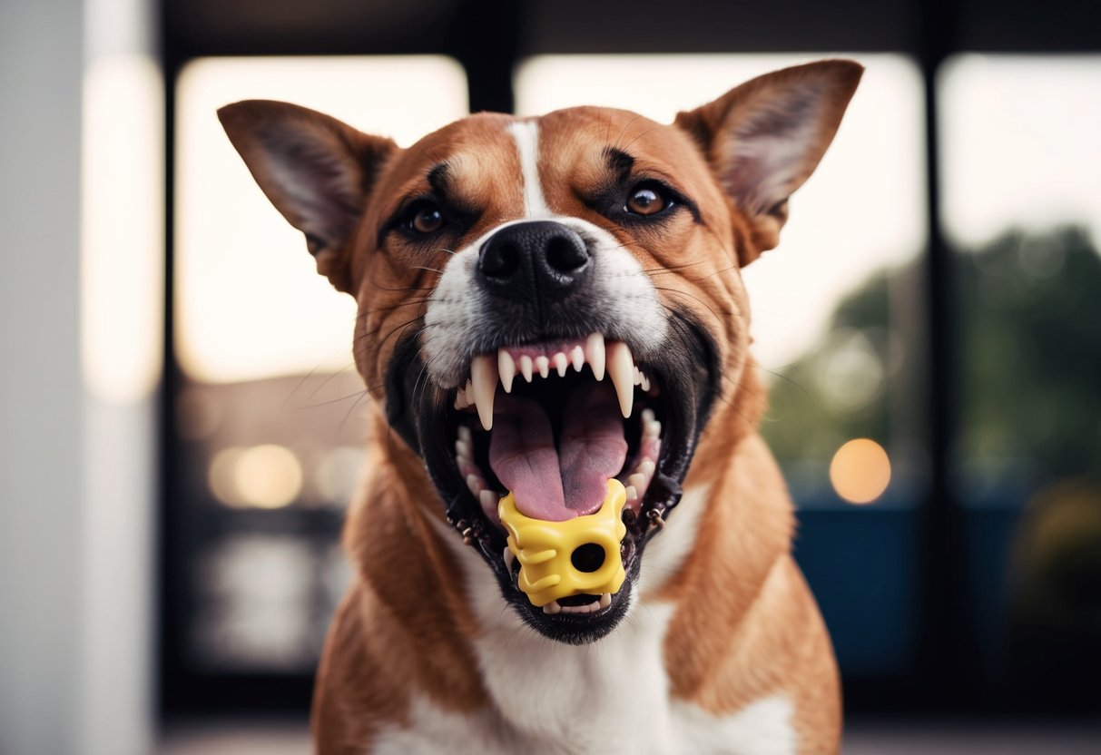 A snarling, aggressive dog clamps its jaws around a chew toy, refusing to release it