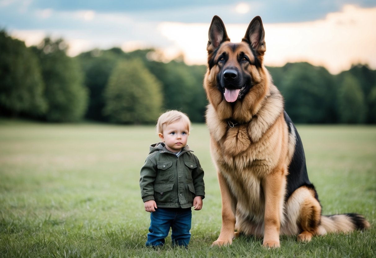 A large, loyal German Shepherd stands guard beside a young child, alert and protective