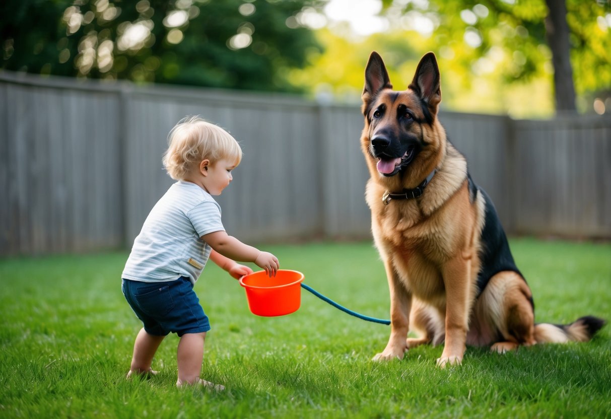 A loyal German Shepherd stands watch over a peaceful child playing in a backyard