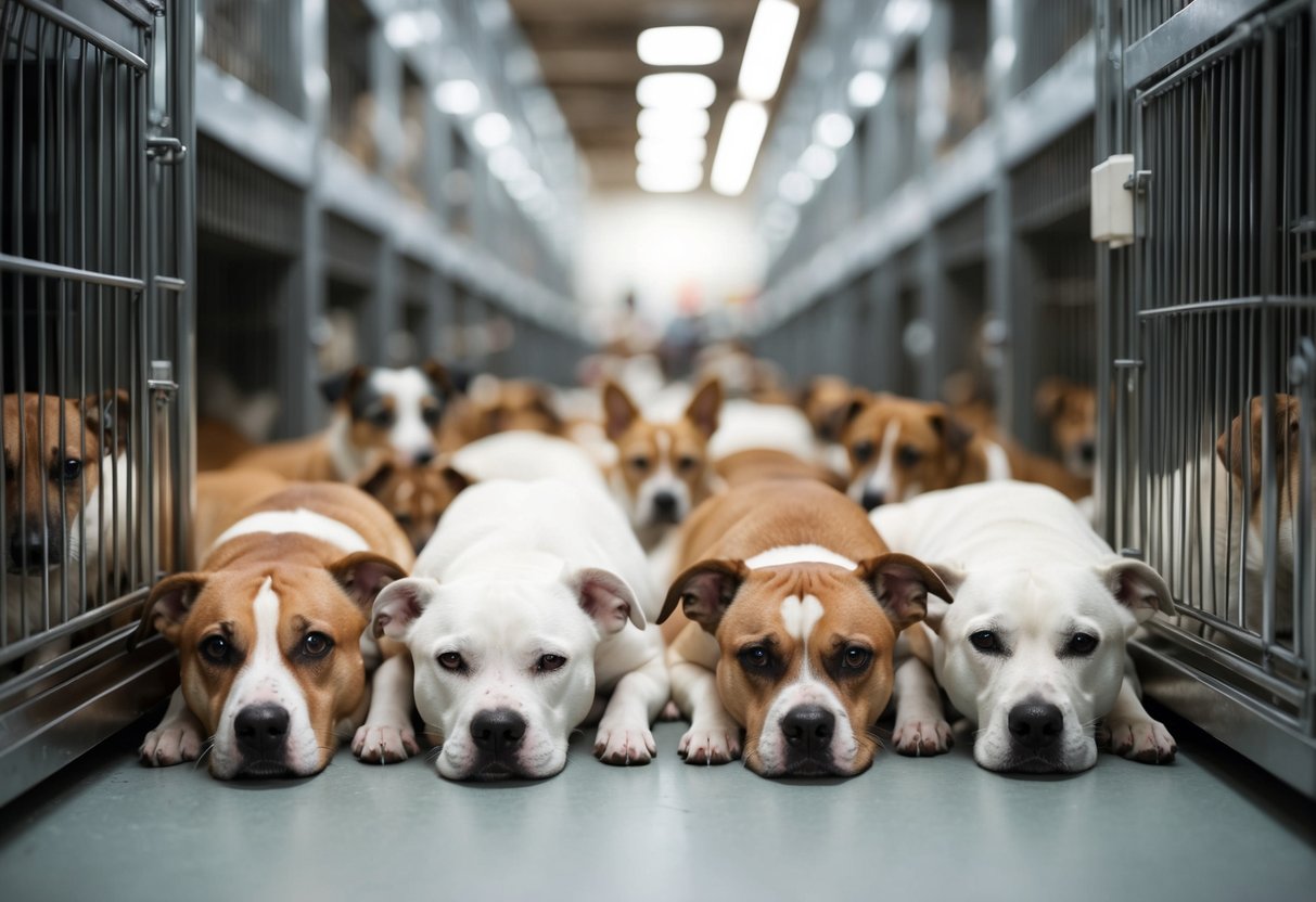 A crowded animal shelter with sad-looking dogs in cages
