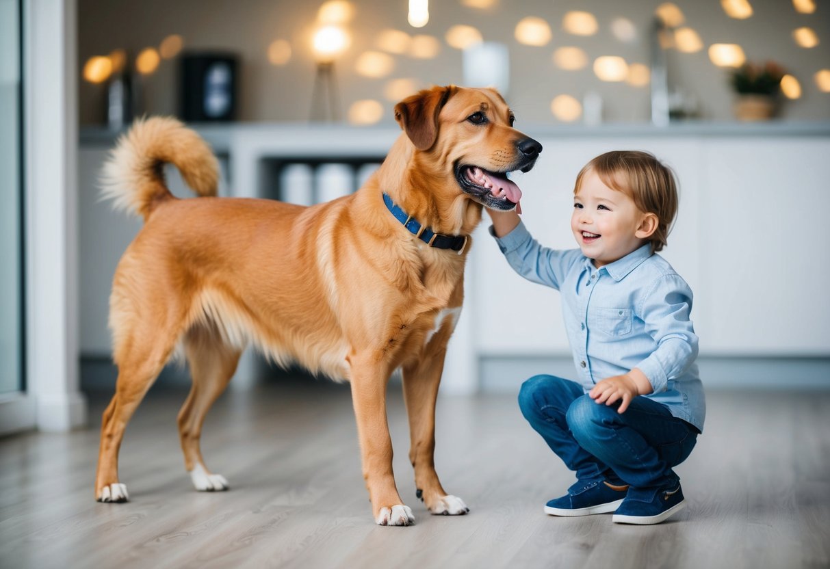 A loyal and protective dog standing alert next to a happy child playing in a safe and secure environment