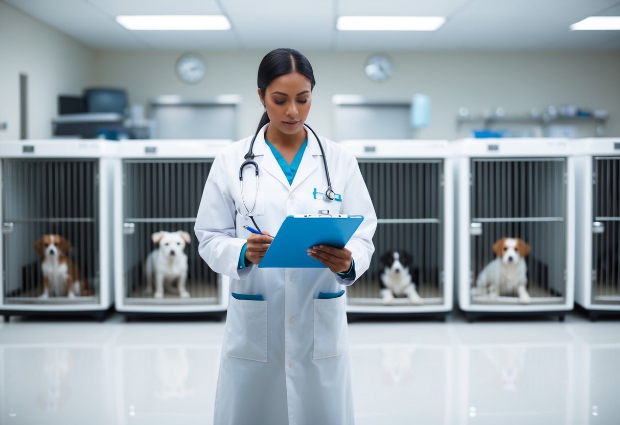 A veterinarian holding a clipboard stands in a bright, sterile room with several cages housing dogs. A somber atmosphere pervades as the vet assesses each dog's quality of life