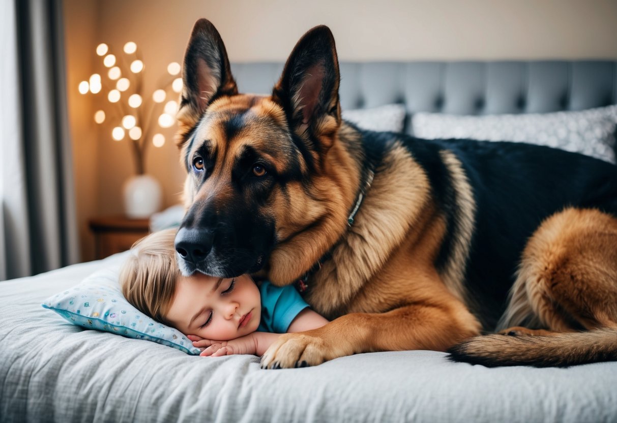 A large, alert German Shepherd stands watch over a sleeping child in a cozy bedroom