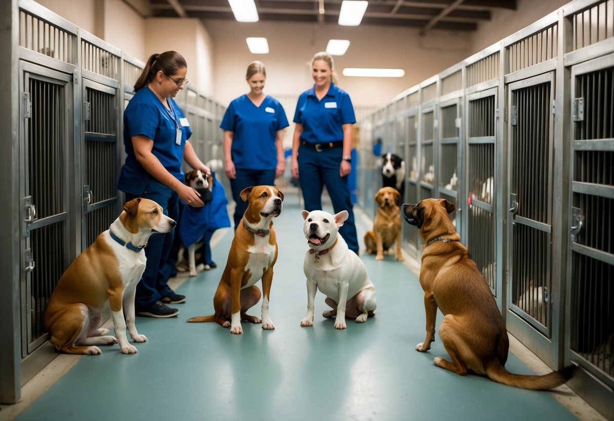 Dogs of various breeds and sizes sit in cramped kennels at a shelter. Some look dejected, while others eagerly seek attention from the few staff members present
