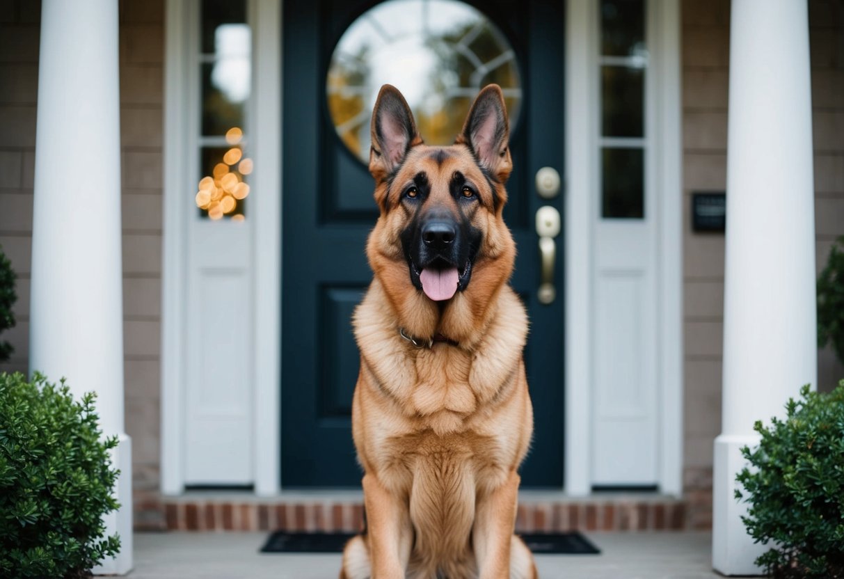 A large, alert German Shepherd standing guard at a front door
