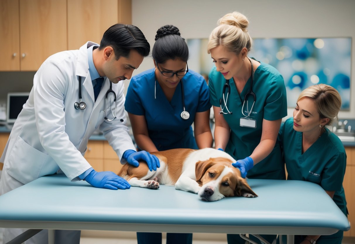 A somber scene of a veterinarian comforting a grieving pet owner as a dog lies peacefully on a table, surrounded by loving and supportive staff