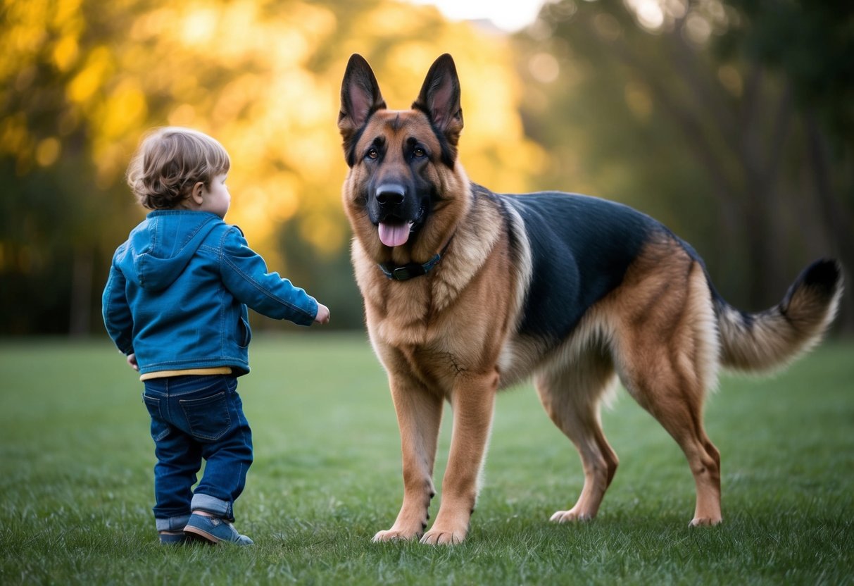A large, alert German Shepherd stands in front of a child, ears perked and tail raised, ready to defend without any formal training
