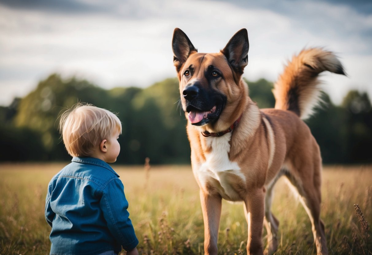 A large, alert dog standing in front of a child, ears perked and tail raised, gazing out protectively