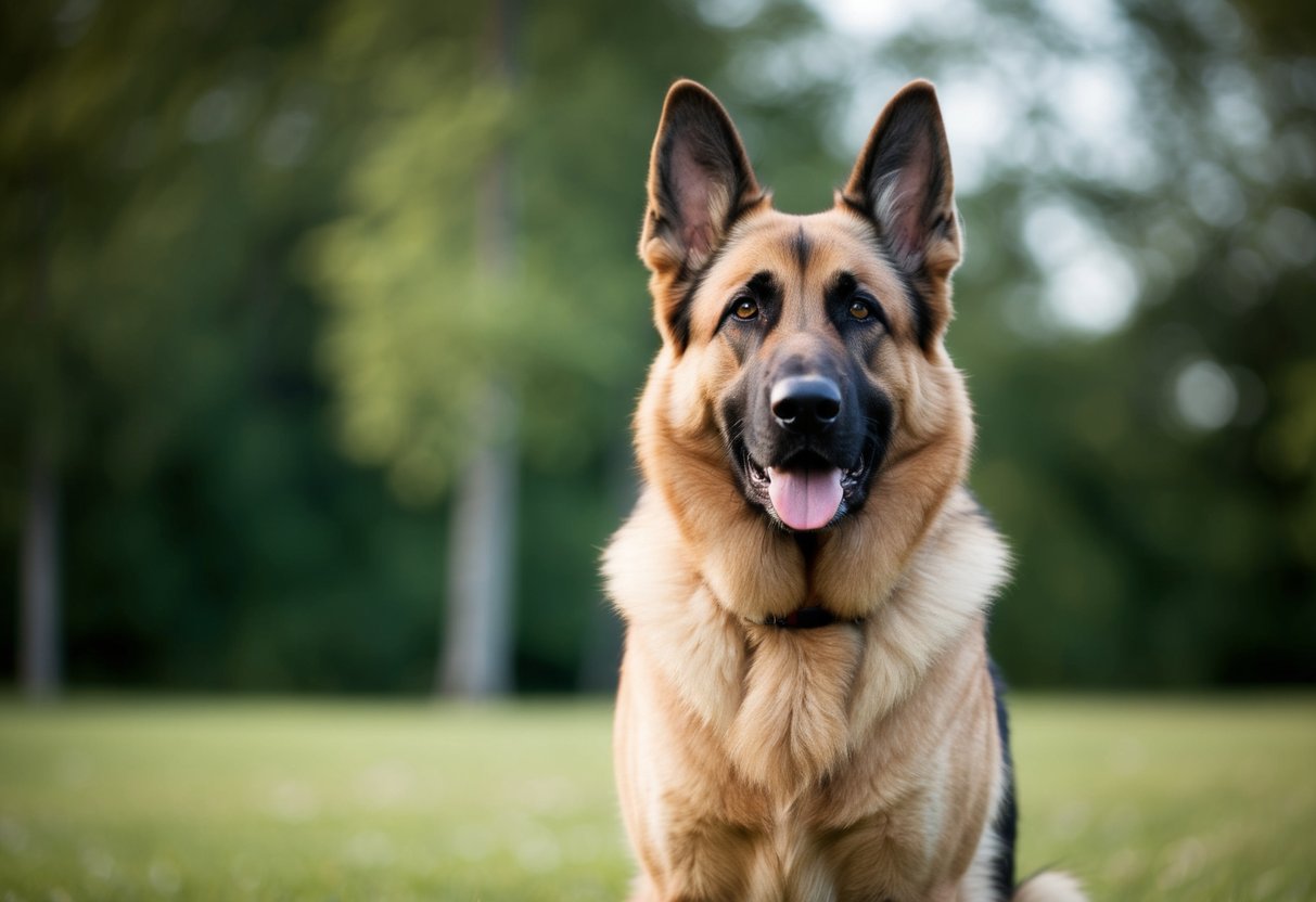 A large, alert German Shepherd stands guard, ears perked and eyes focused, ready to protect without training