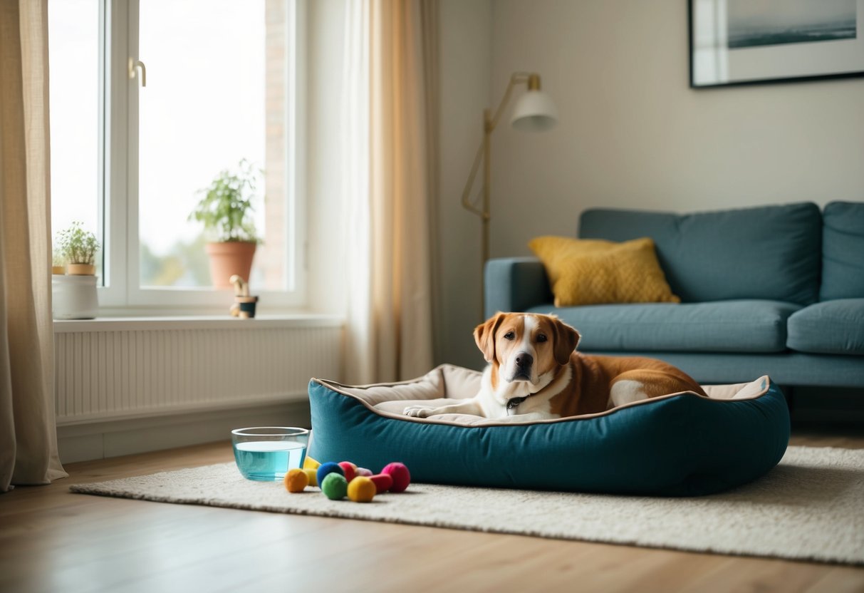A peaceful living room with a cozy dog bed near a sunny window, where a contented dog lounges alone, surrounded by toys and a water bowl
