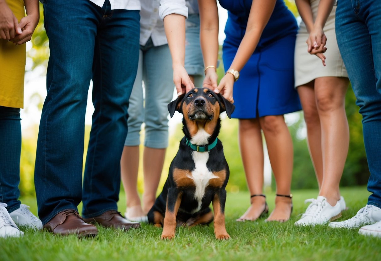 A dog sitting at the feet of one person in a group of people, looking up at them with adoring eyes