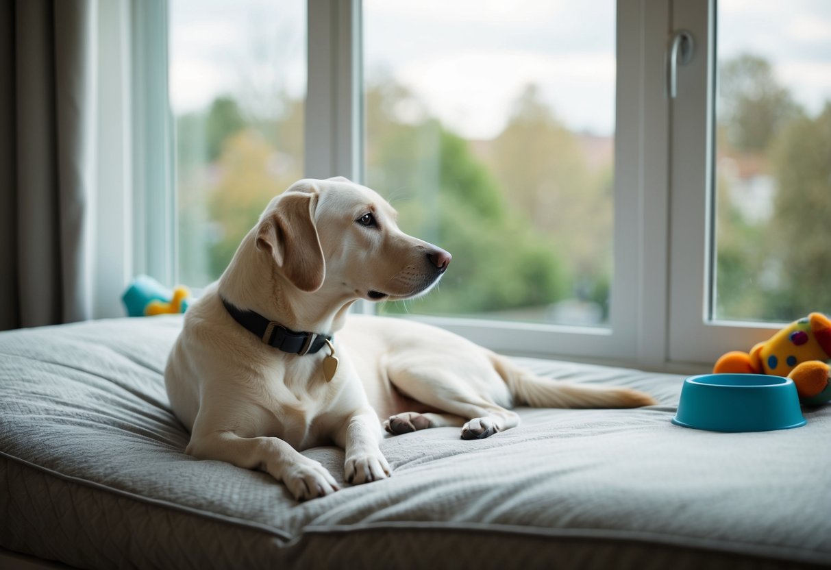 A calm, content dog lies on a comfortable bed near a window, gazing out at the world outside. The room is quiet and peaceful, with toys and a water bowl nearby