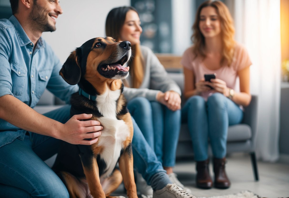 A dog sitting next to one person, wagging its tail and looking up at them with adoring eyes while ignoring other people in the room