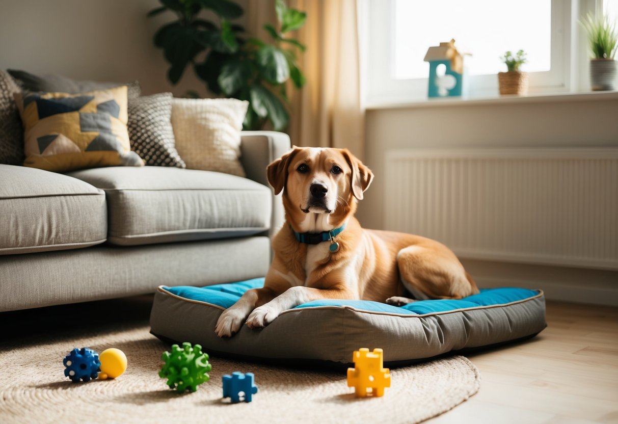 A cozy living room with a comfortable dog bed in a sunlit corner, surrounded by toys and puzzles to keep a solitary dog entertained and mentally stimulated