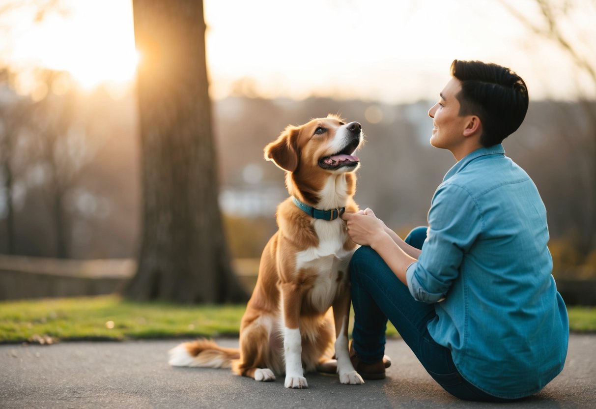 A dog sitting next to one person while wagging its tail and looking up at them with adoring eyes