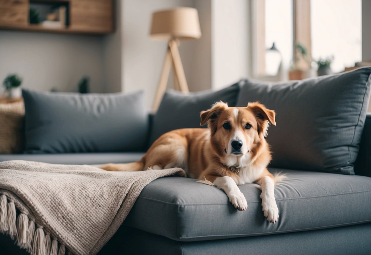A cozy living room with a calm, independent dog lounging on a comfortable bed while the owner is away
