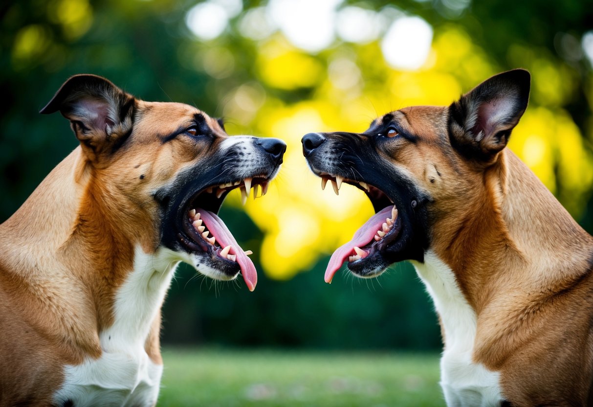 Two snarling dogs facing each other, teeth bared, with raised hackles and aggressive body language