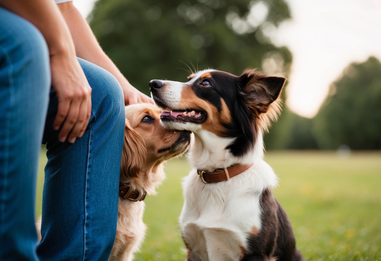 A dog nuzzling against one person's leg while looking up at them with adoring eyes, tail wagging