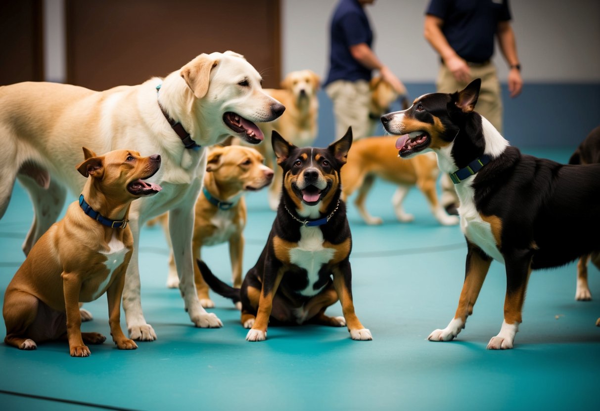 Several dogs of different breeds and sizes interacting in a socialization and training environment. Some dogs are showing signs of tension and aggression towards each other