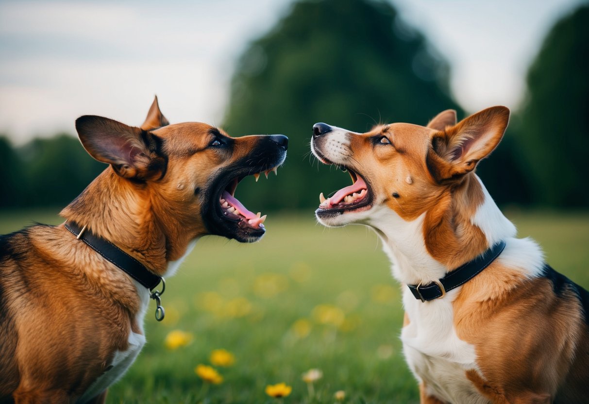 Two dogs growling at each other, one with raised fur and bared teeth, the other cowering with ears pinned back