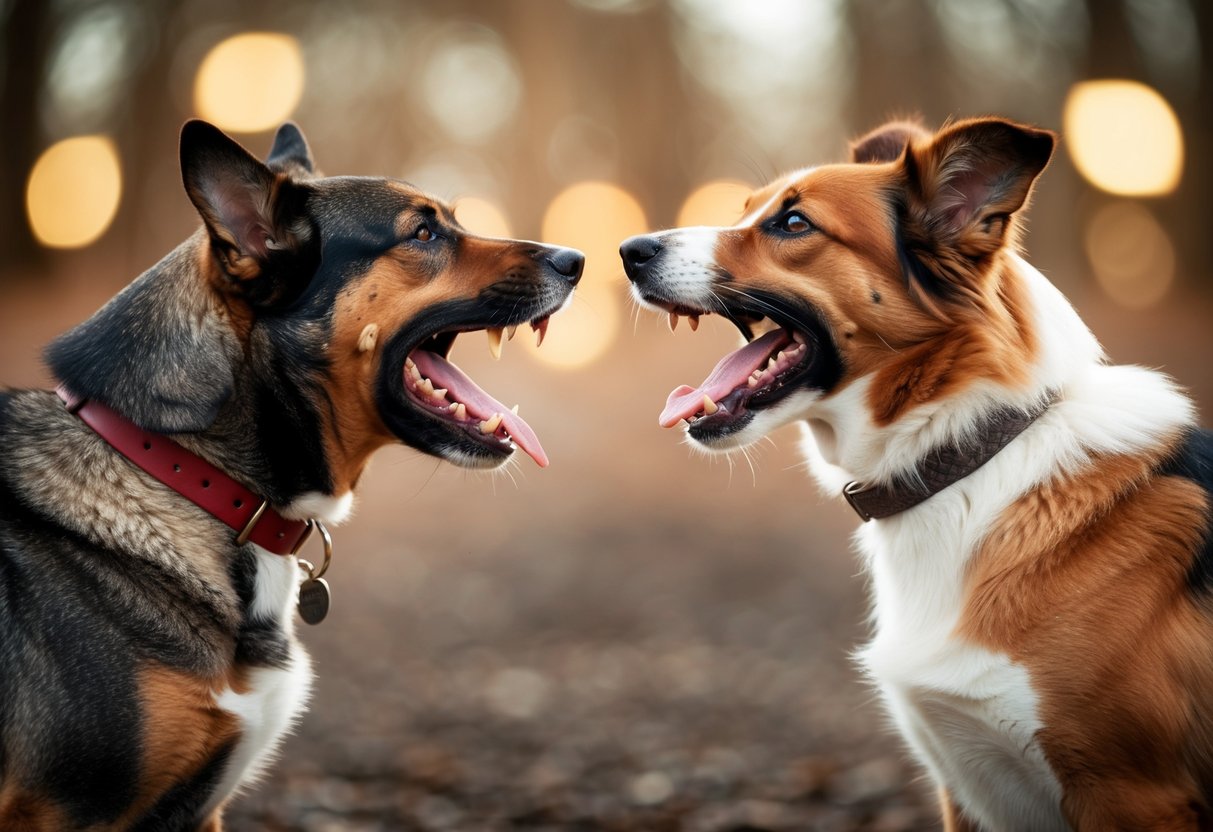 Two dogs of different breeds growling at each other, with raised hackles and bared teeth, in a tense standoff