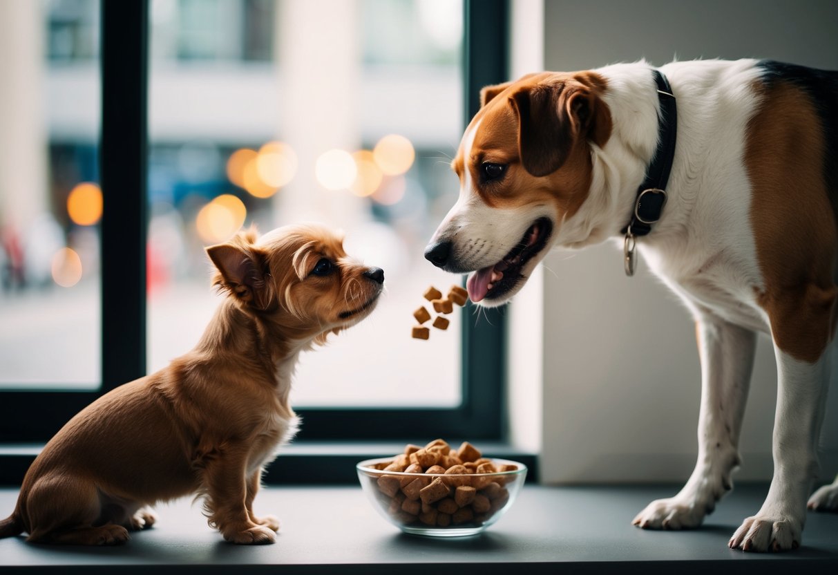 A small dog stares longingly at a larger dog receiving attention and treats