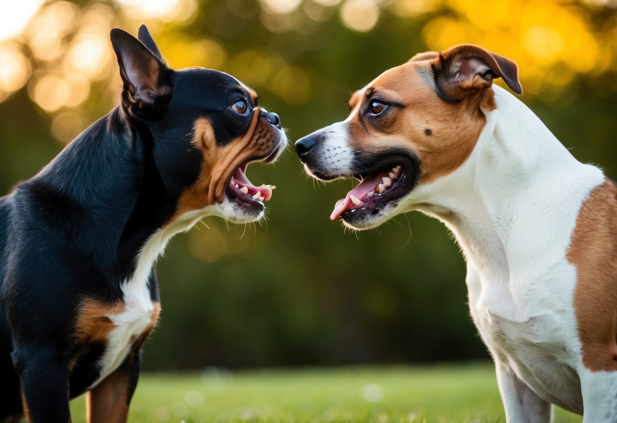 A small dog snarls at a larger dog getting attention