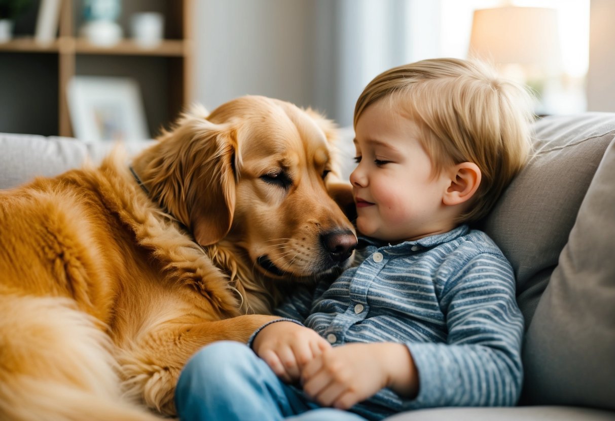 A fluffy golden retriever snuggles up to a child on a cozy couch, nuzzling their face with affection