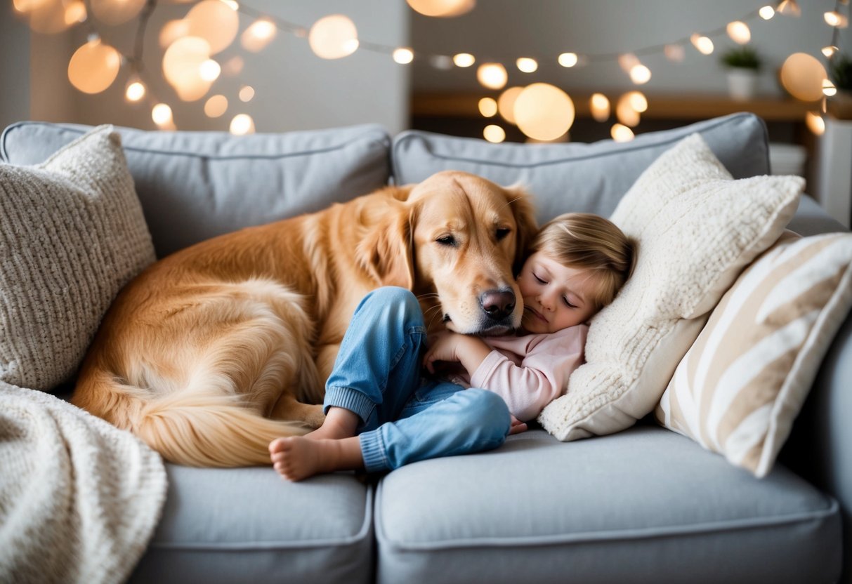 A female golden retriever snuggles with a child on a cozy couch, surrounded by soft blankets and pillows