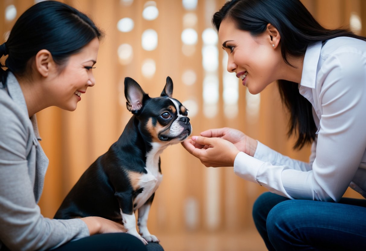A small dog watches as a larger dog receives attention and affection from its owner. The small dog's ears are pinned back and it has a tense expression, indicating jealousy