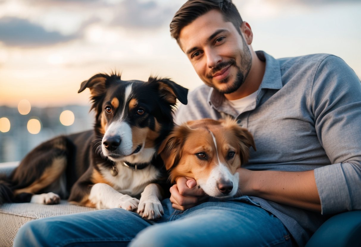 A male and female dog lying next to their owner, the male dog leaning against them while the female dog curls up in their lap