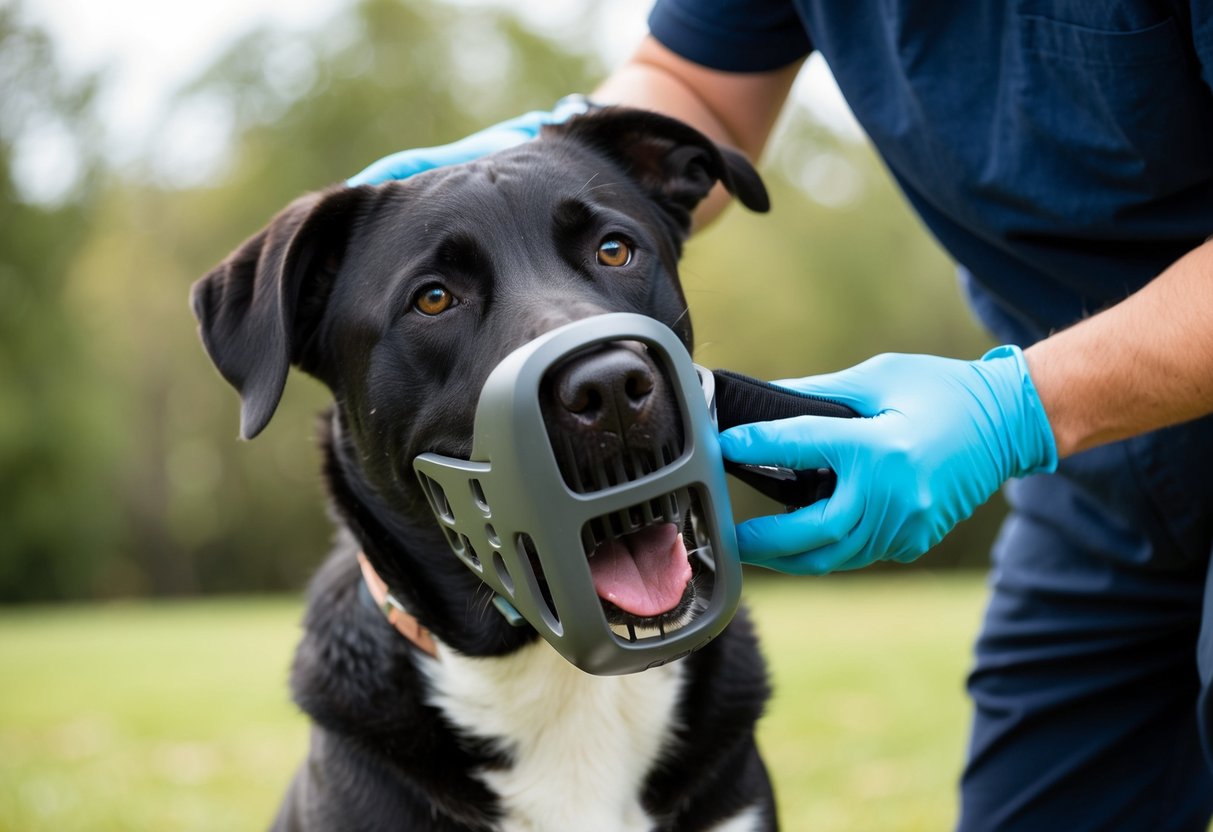 A large dog with a thick, sturdy muzzle being fitted onto its snout by a person wearing gloves