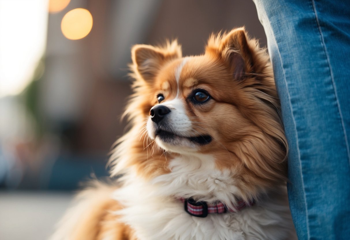 A fluffy, affectionate female dog nuzzling against its owner's leg, looking up with big, adoring eyes