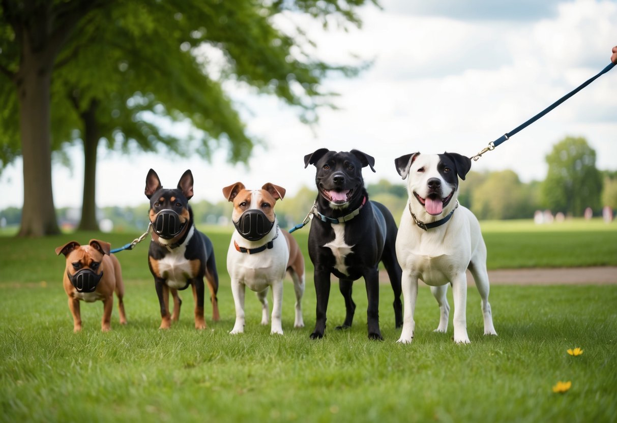 A variety of dogs with muzzles on a leash in a UK park