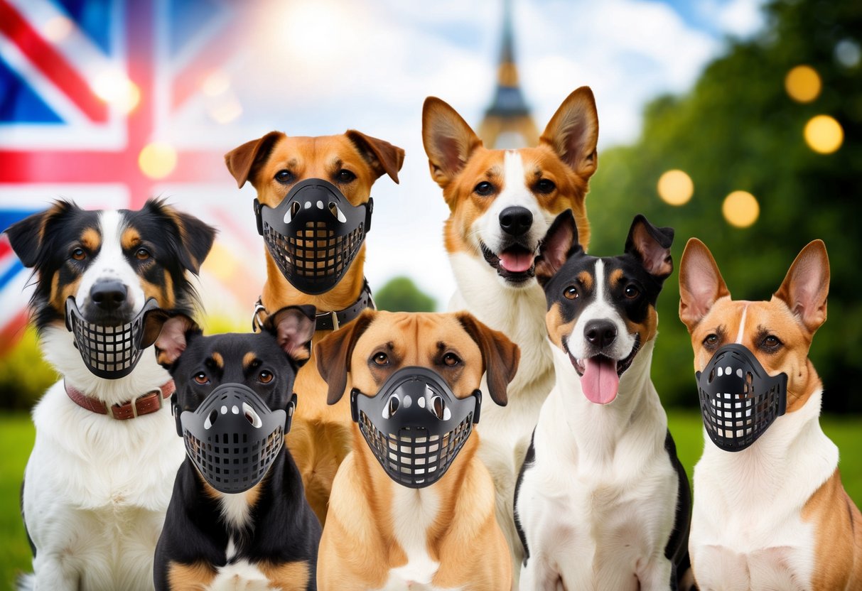 A variety of dog breeds wearing different types of muzzles, including basket, soft, and slip-on muzzles, with a UK background