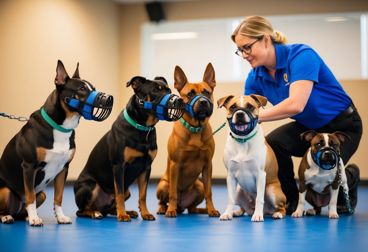 A variety of dog breeds wearing muzzles in a training class setting with a trainer using positive reinforcement