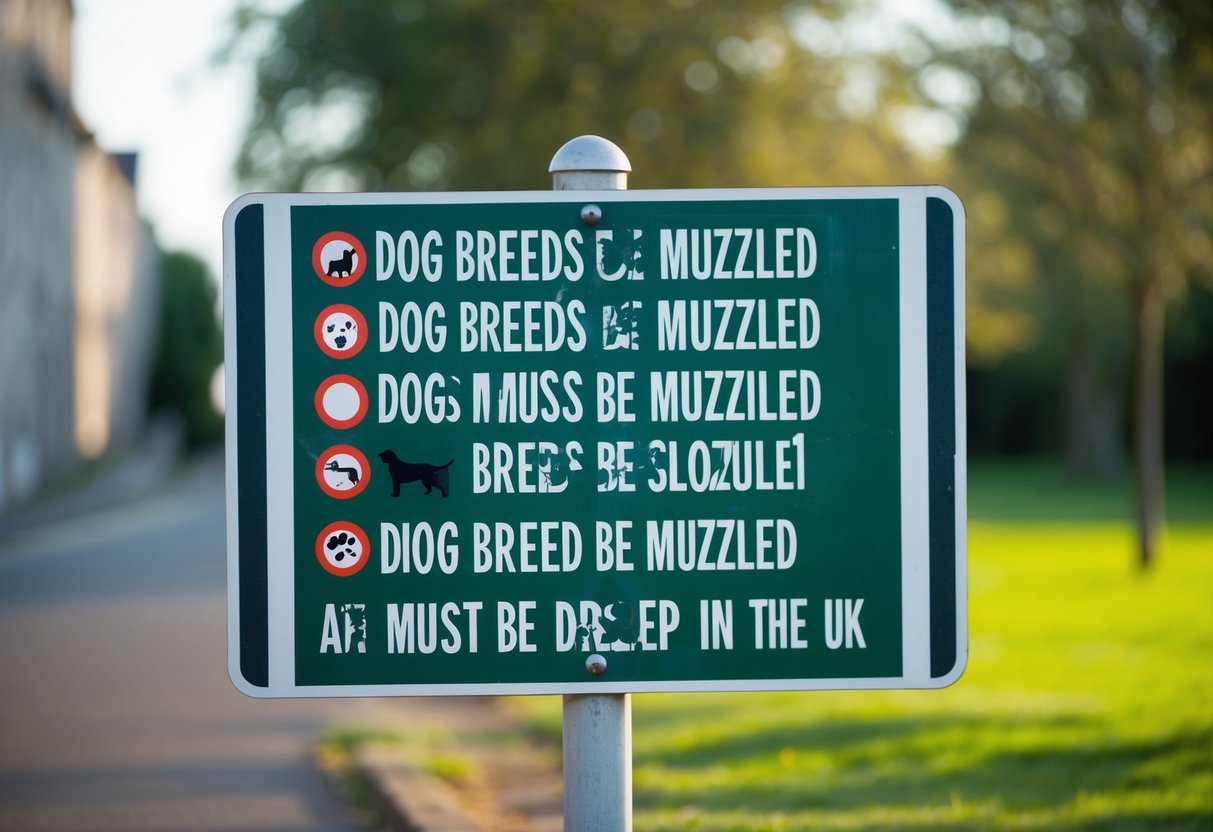 A signpost with a list of dog breeds that must be muzzled in the UK