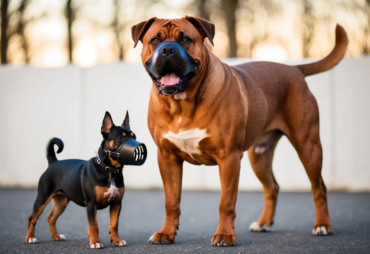 A large, muscular dog with a square head and powerful jaws is wearing a snug-fitting muzzle. A smaller, snub-nosed dog with a curly tail is also wearing a muzzle. Both dogs are standing calmly, with alert expressions