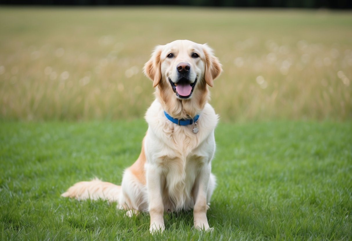 A golden retriever sitting in a grassy field, with a bright blue collar and a playful expression