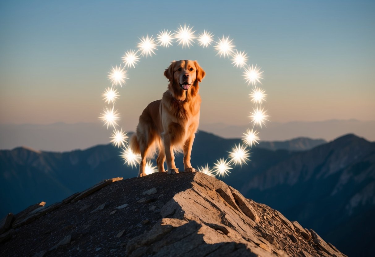 A golden retriever stands proudly atop a mountain peak, surrounded by a halo of seven shimmering stars