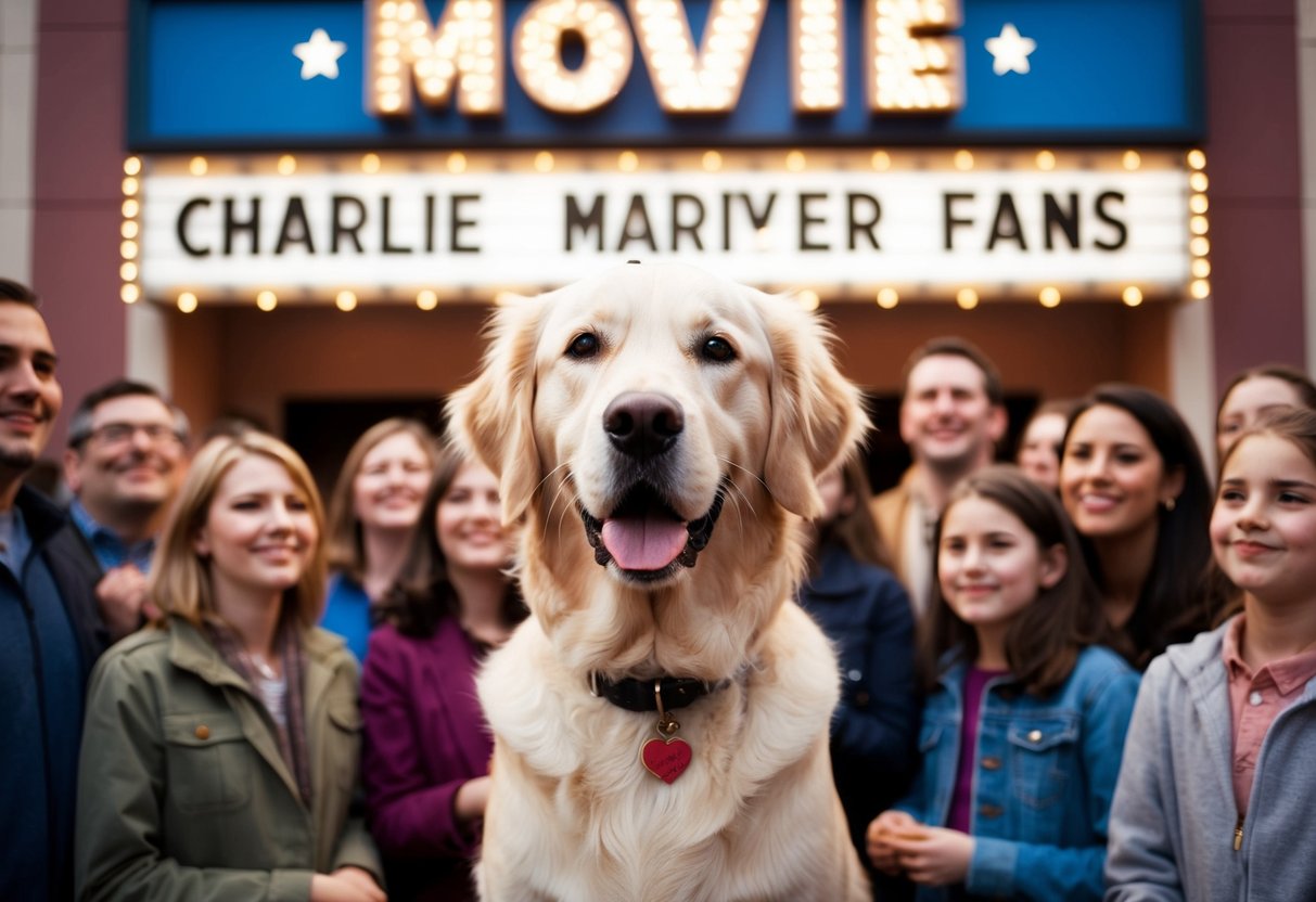 A golden retriever named Charlie stands in front of a movie theater marquee, surrounded by adoring fans