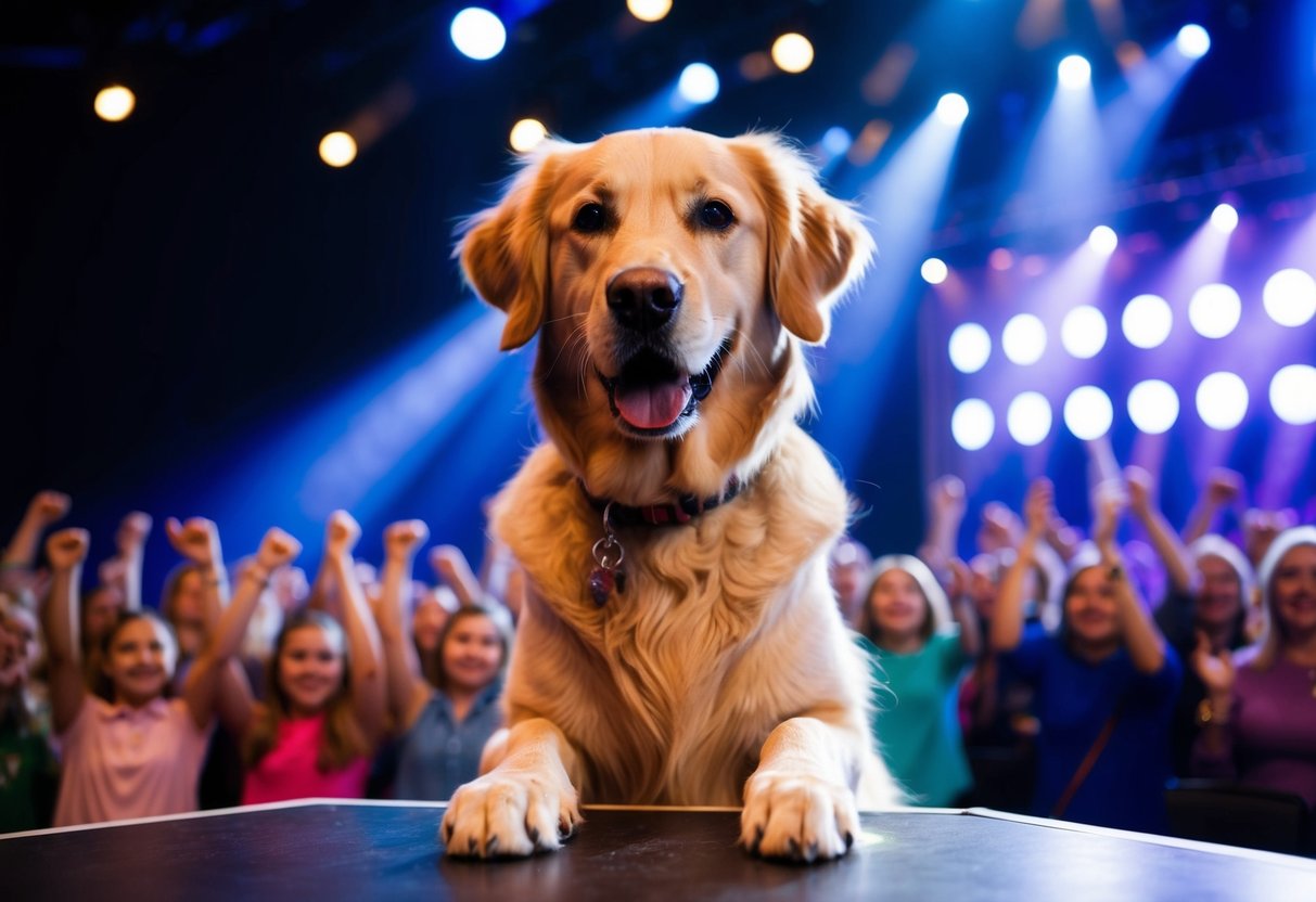 A golden retriever named Max performs tricks on a stage with bright lights and a cheering audience