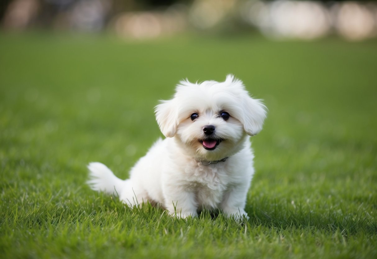 A small, fluffy white dog with a perpetually puppy-like appearance, sitting in a patch of green grass with a playful expression