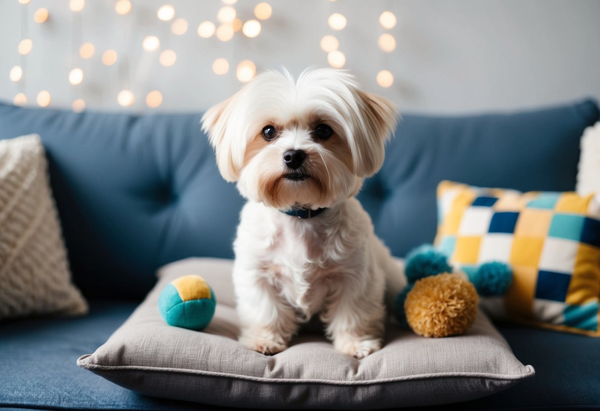 A small, fluffy dog, such as a Maltese or Bichon Frise, sits on a cushion, surrounded by toys. It remains small and doesn't grow