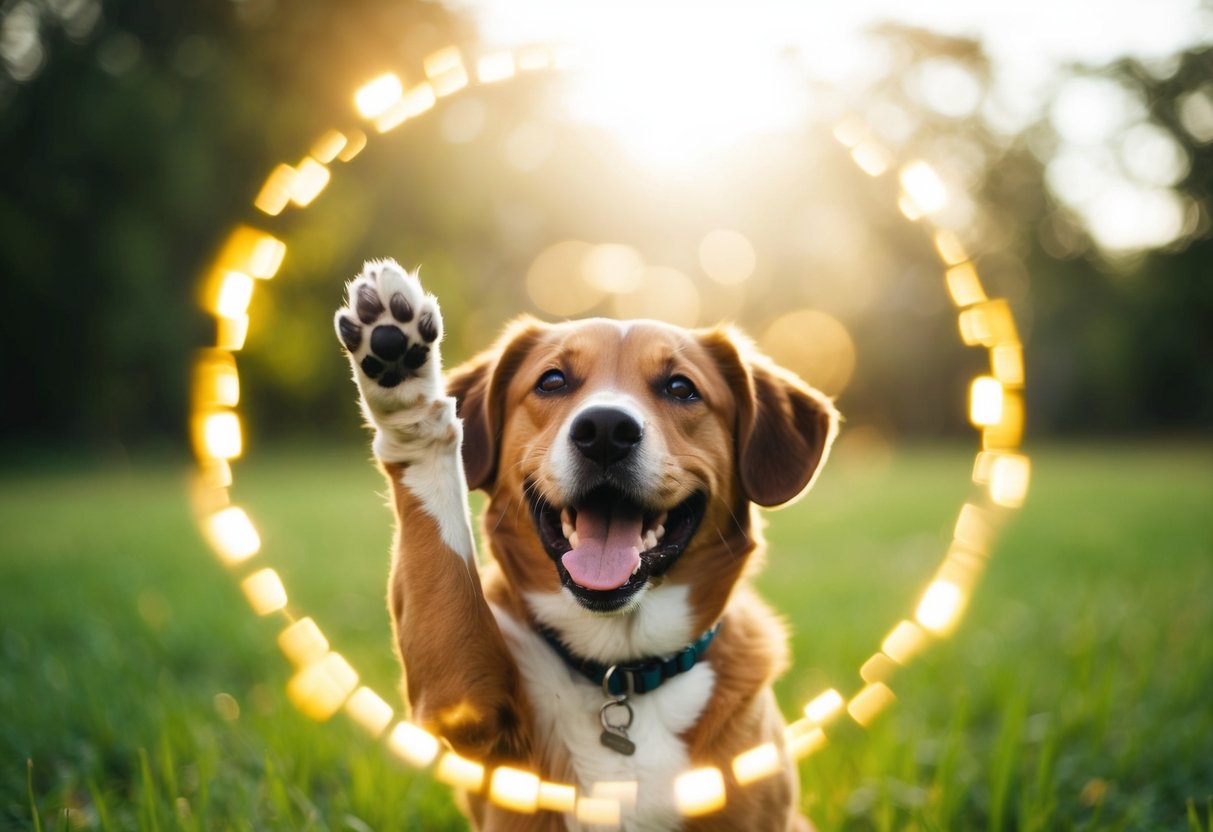 A joyful dog surrounded by a halo of light, with a paw raised in a playful manner