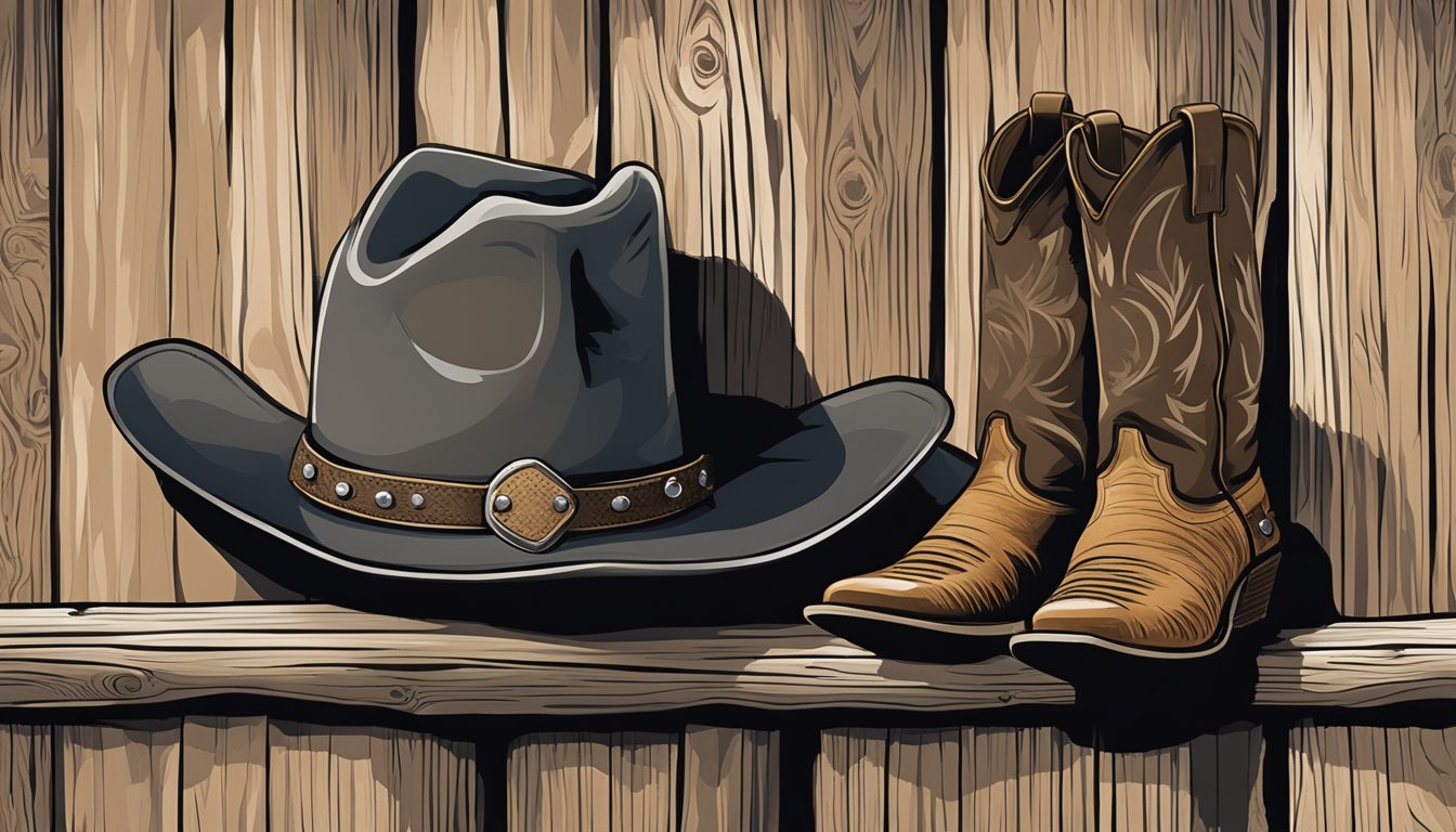 A rugged cowboy hat hanging on a weathered wooden fence post, with a pair of well-worn boots resting on the ground below