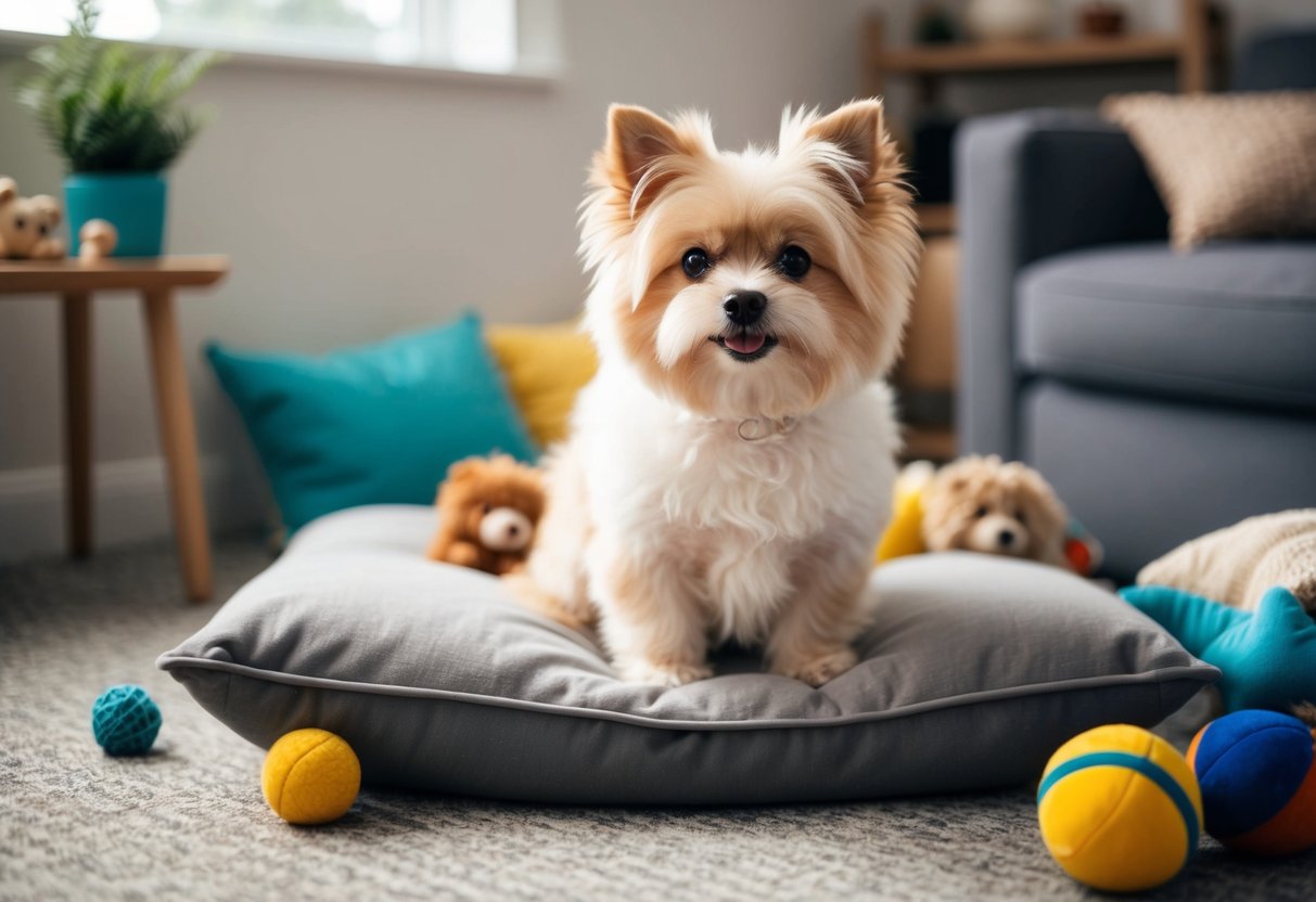 A fluffy, small dog breed sitting on a cushion, surrounded by toys and a cozy bed, with a gentle smile on its face
