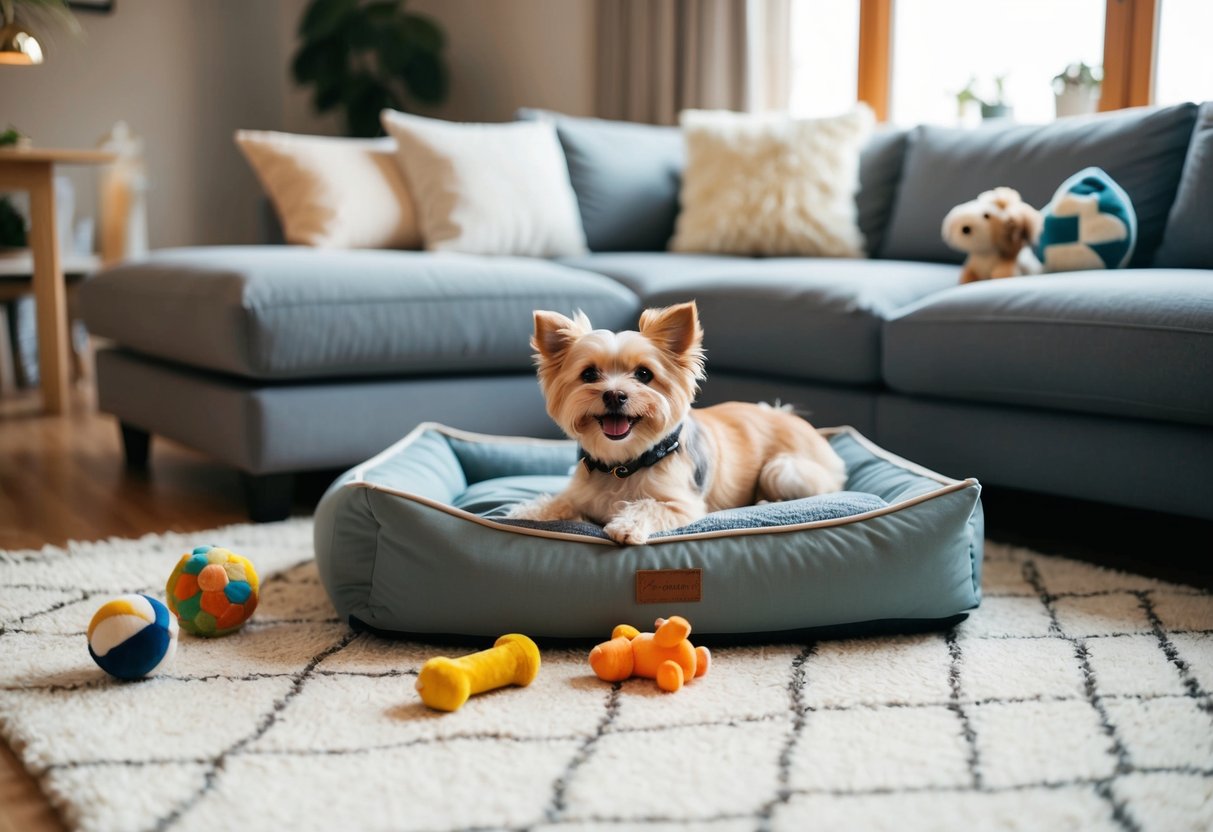 A cozy living room with a soft rug, cushioned dog bed, and toys scattered around. A small canine with fluffy fur is happily playing and lounging in the space