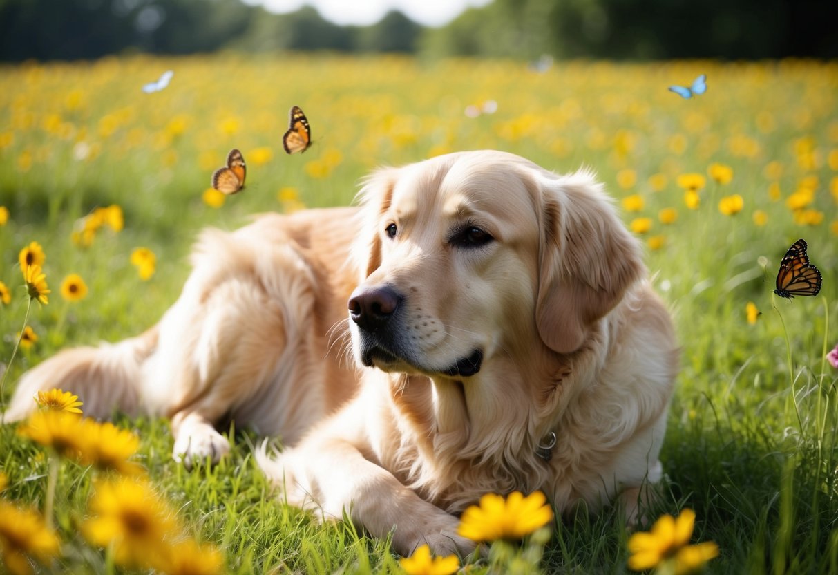 A calm male golden retriever lies in a sunlit meadow, surrounded by flowers and butterflies